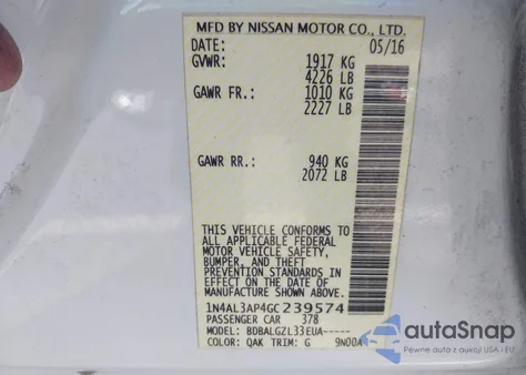 2016 Nissan Altima 2.5/2.5 S/2.5 Sl/2.5 Sr/2.5 Sv из США, поврежденный, VIN 1N4AL3AP4GC239574